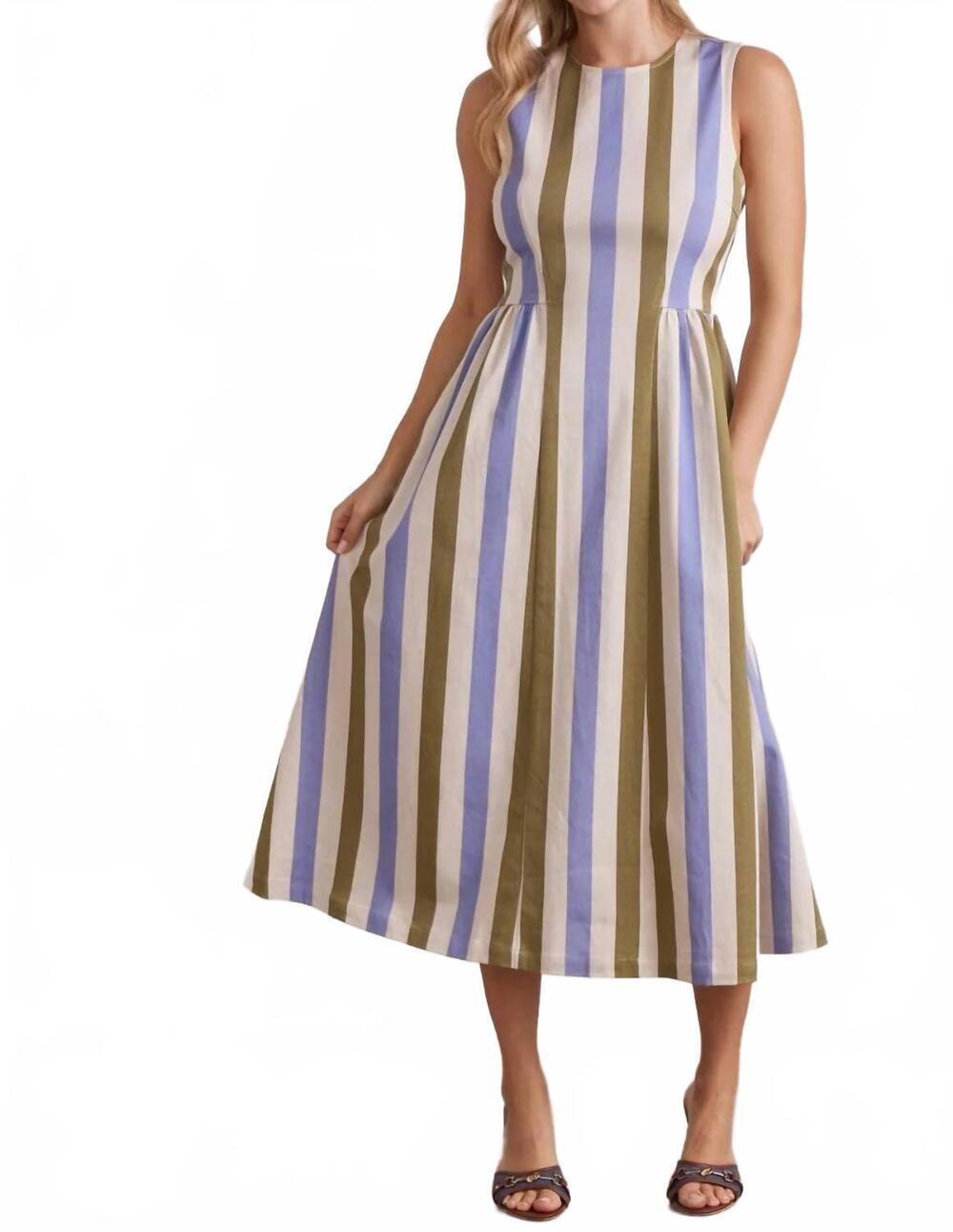 NEW ENTRO striped sleeveless midi dress in olive combo